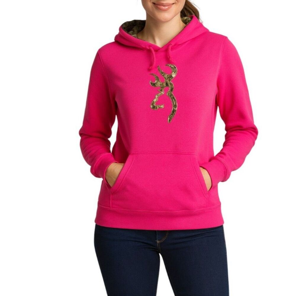 Browning Buckmark Hot Pink Hoodie - Mossy Oak Camo Sweatshirt Ladies Fuchsia | M
